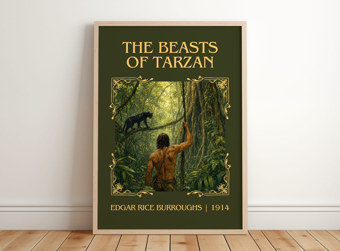 The Beasts Of Tarzan Classic Book Art Print by Edgar Rice Burroughs – framed print leaning on a wooden floor