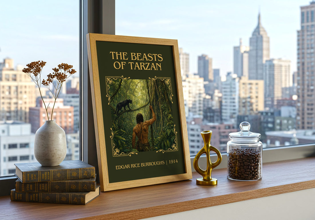 The Beasts Of Tarzan Classic Book Art Print by Edgar Rice Burroughs – framed print on a city-view windowsill