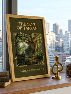 The Son Of Tarzan Classic Book Art Print by Edgar Rice Burroughs – framed print on a city-view windowsill