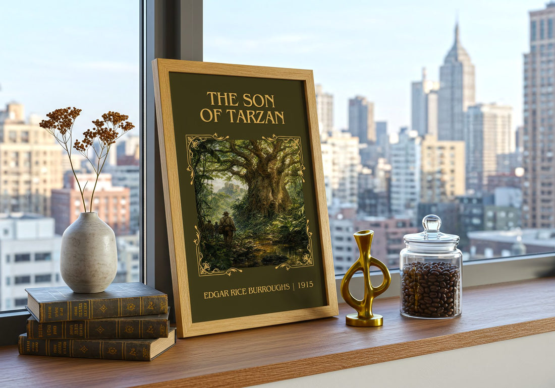 The Son Of Tarzan Classic Book Art Print by Edgar Rice Burroughs – framed print on a city-view windowsill
