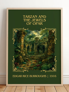 Tarzan And The Jewels Of Opar Classic Book Art Print by E. Burroughs – framed print leaning on a wooden floor