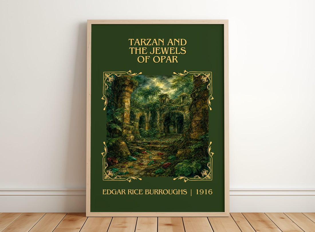 Tarzan And The Jewels Of Opar Classic Book Art Print by E. Burroughs – framed print leaning on a wooden floor