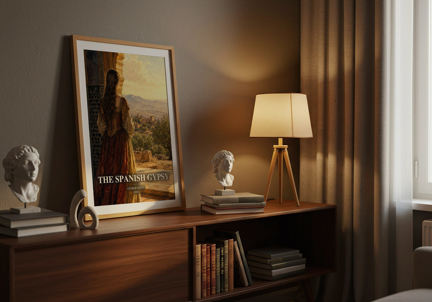 The Spanish Gypsy watercolour print on bookshelf – George Eliot fan gift