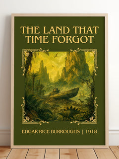 Land That Time Forgot Classic Book Art Print by Edgar Rice Burroughs – framed print leaning on a wooden floor