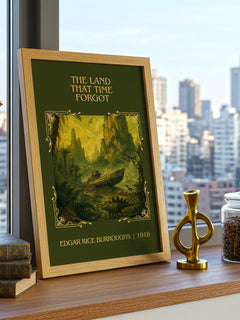 Land That Time Forgot Classic Book Art Print by Edgar Rice Burroughs – framed print on a city-view windowsill