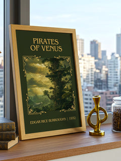 Pirates Of Venus Classic Book Art Print by Edgar Rice Burroughs – framed print on a city-view windowsill