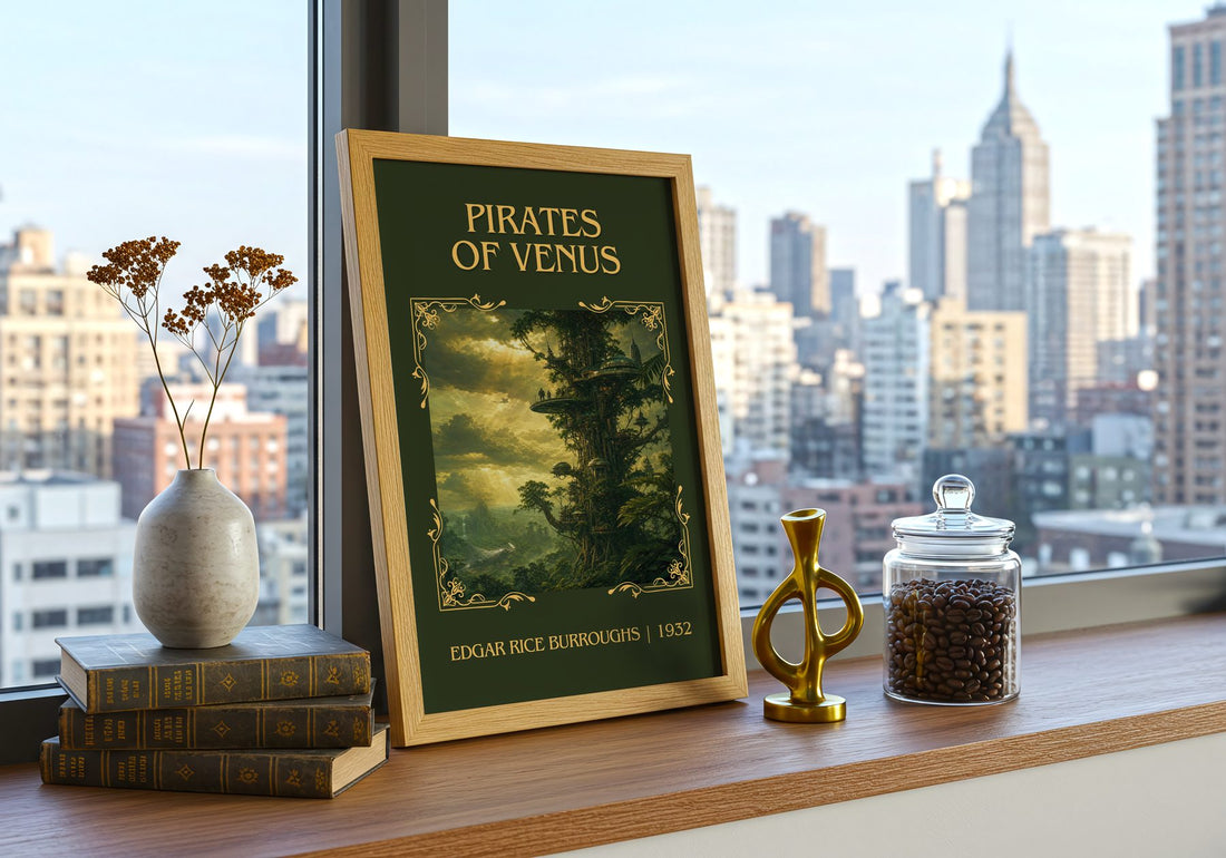 Pirates Of Venus Classic Book Art Print by Edgar Rice Burroughs – framed print on a city-view windowsill
