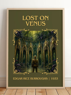 Lost On Venus Classic Book Art Print by Edgar Rice Burroughs – framed print leaning on a wooden floor