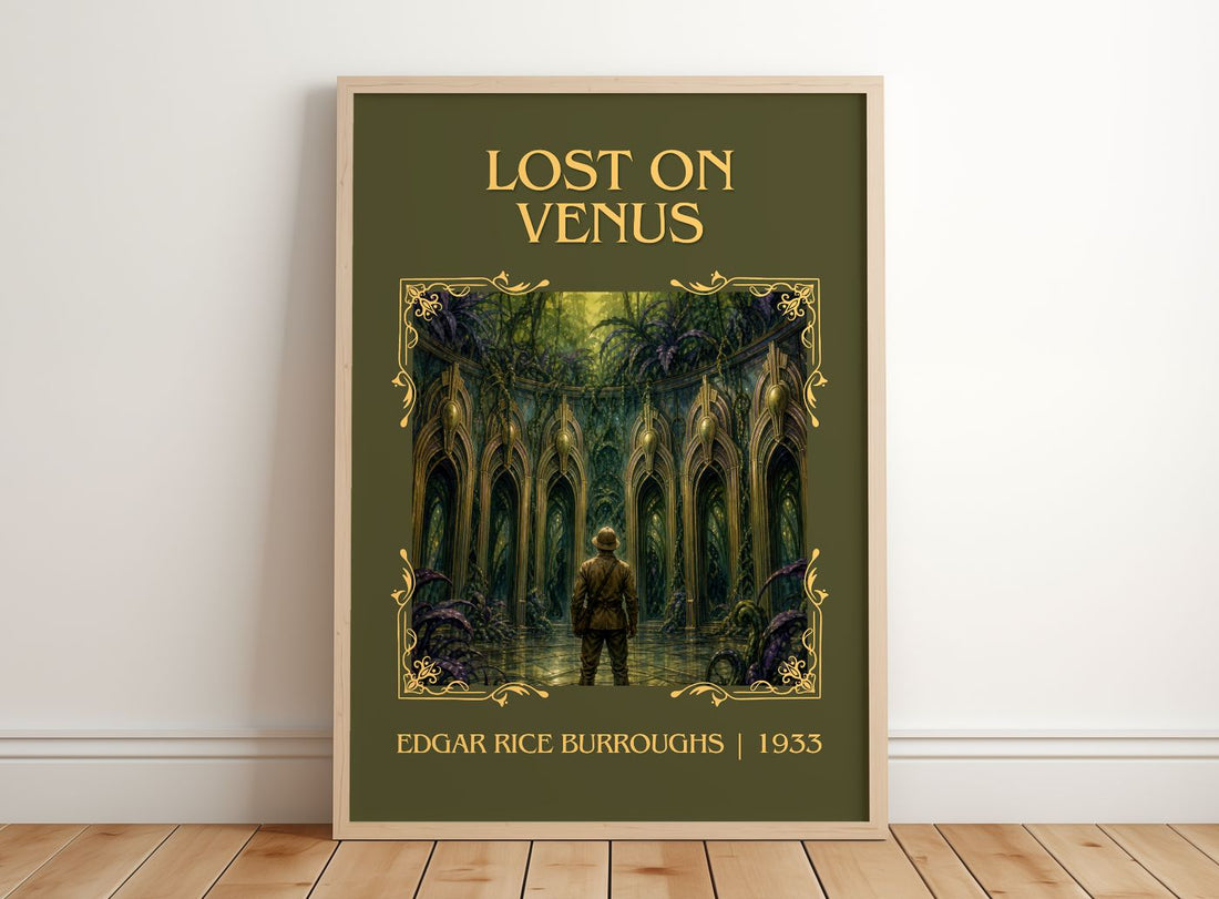 Lost On Venus Classic Book Art Print by Edgar Rice Burroughs – framed print leaning on a wooden floor