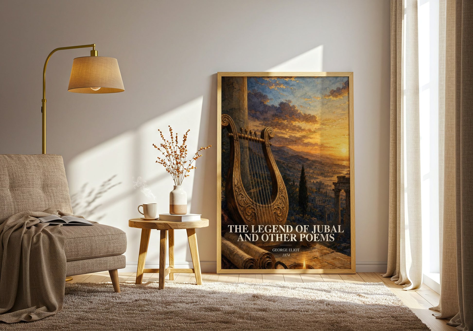 The Legend Of Jubal And Other Poems watercolour print in frame leaning in hallway – poetry wall art