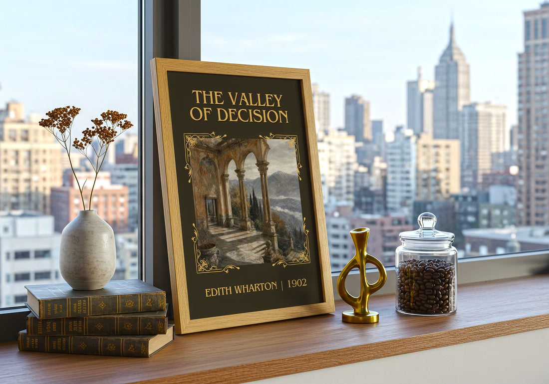 The Valley Of Decision Classic Book Art Print by Edith Wharton – framed print on a city-view windowsill