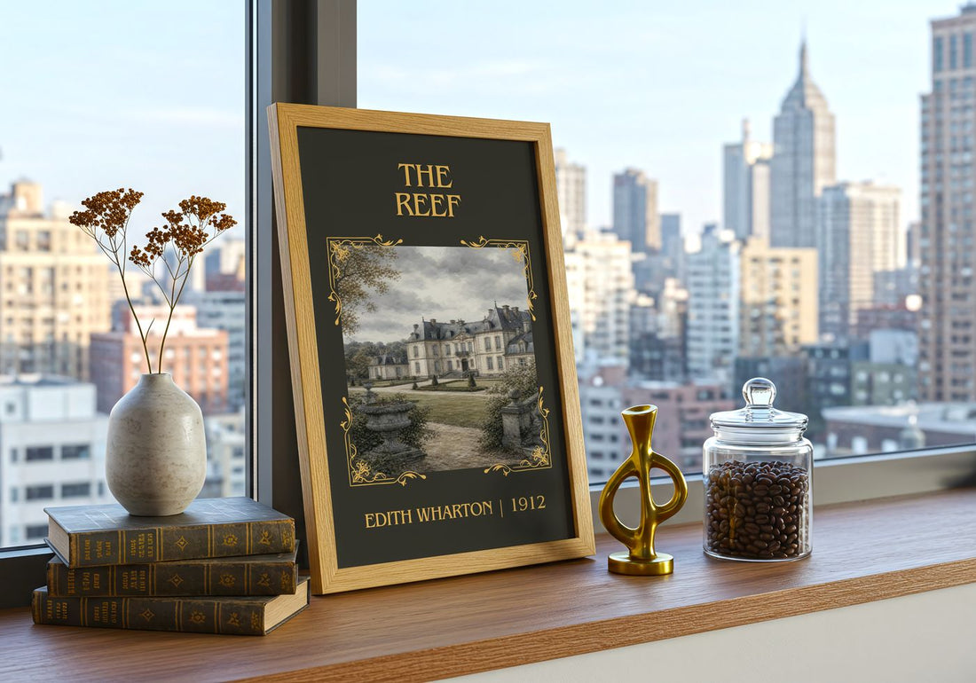 The Reef Classic Book Art Print by Edith Wharton – framed print on a city-view windowsill