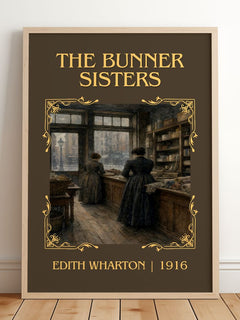 The Bunner Sisters Classic Book Art Print by Edith Wharton – framed print leaning on a wooden floor