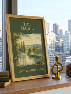 The Marne Classic Book Art Print by Edith Wharton – framed print on a city-view windowsill