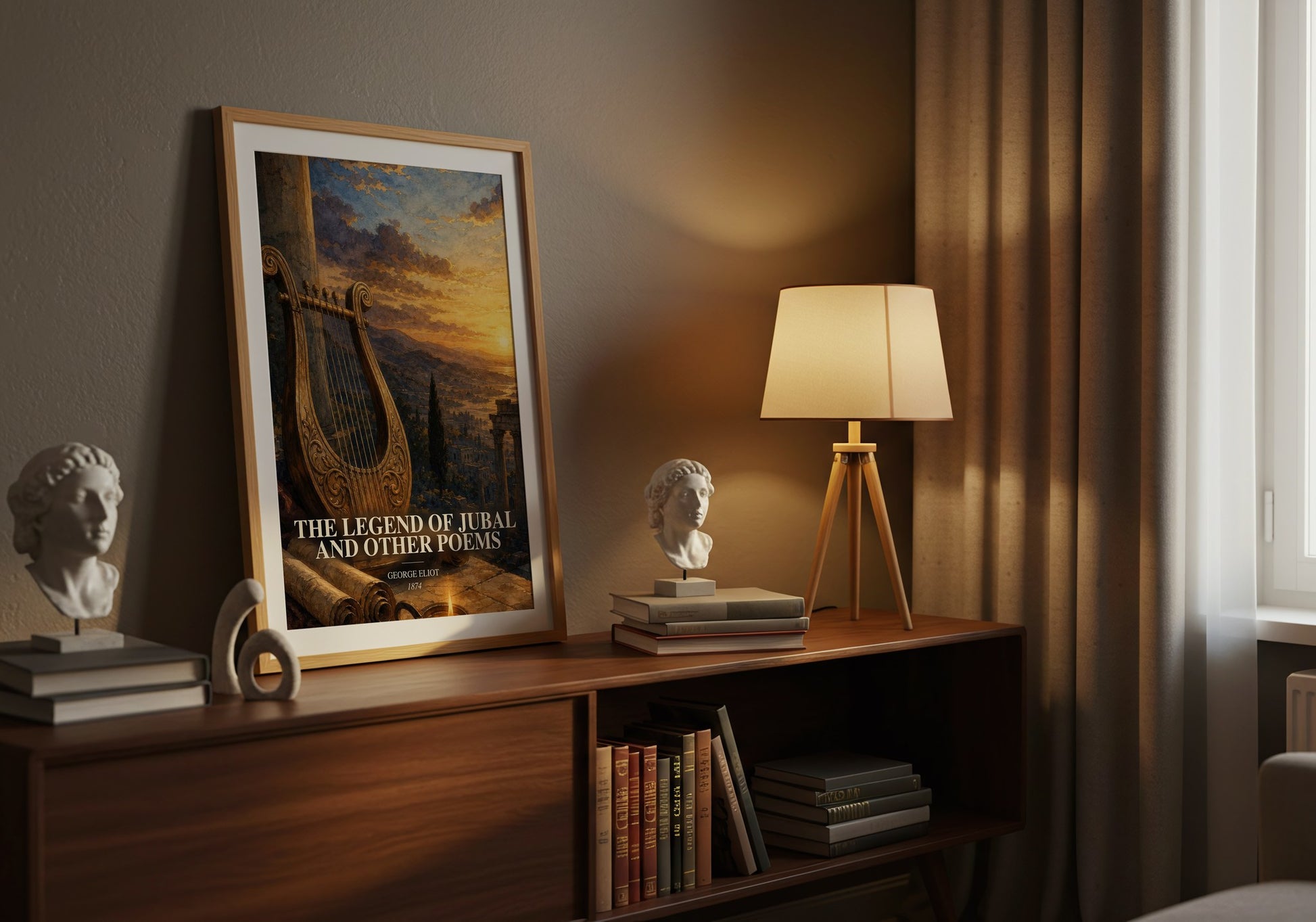 The Legend Of Jubal And Other Poems watercolour print on bookshelf – George Eliot fan gift