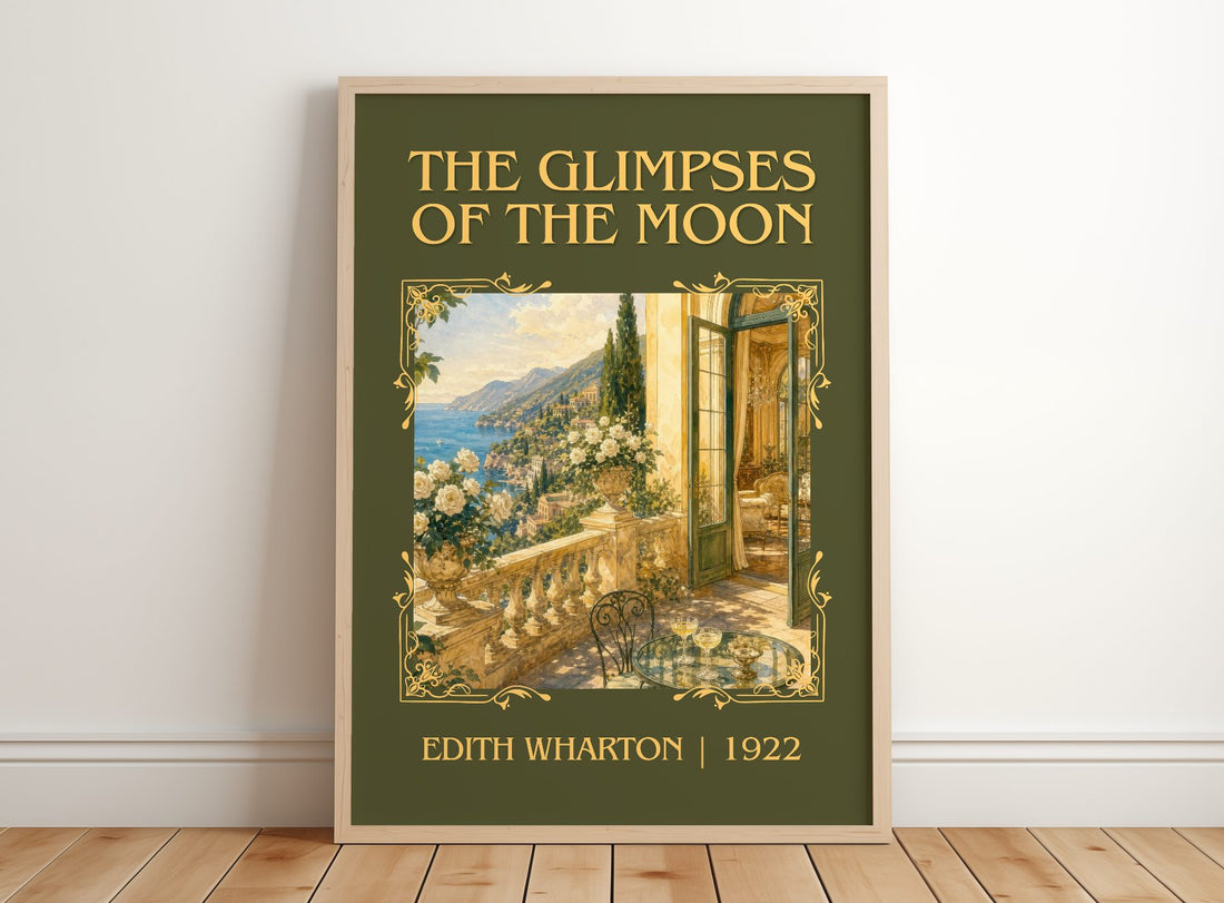 The Glimpses Of The Moon Classic Book Art Print by Edith Wharton – framed print leaning on a wooden floor