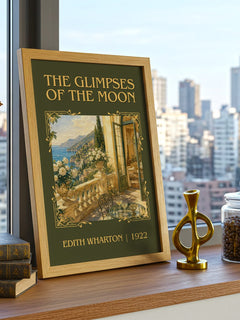 The Glimpses Of The Moon Classic Book Art Print by Edith Wharton – framed print on a city-view windowsill