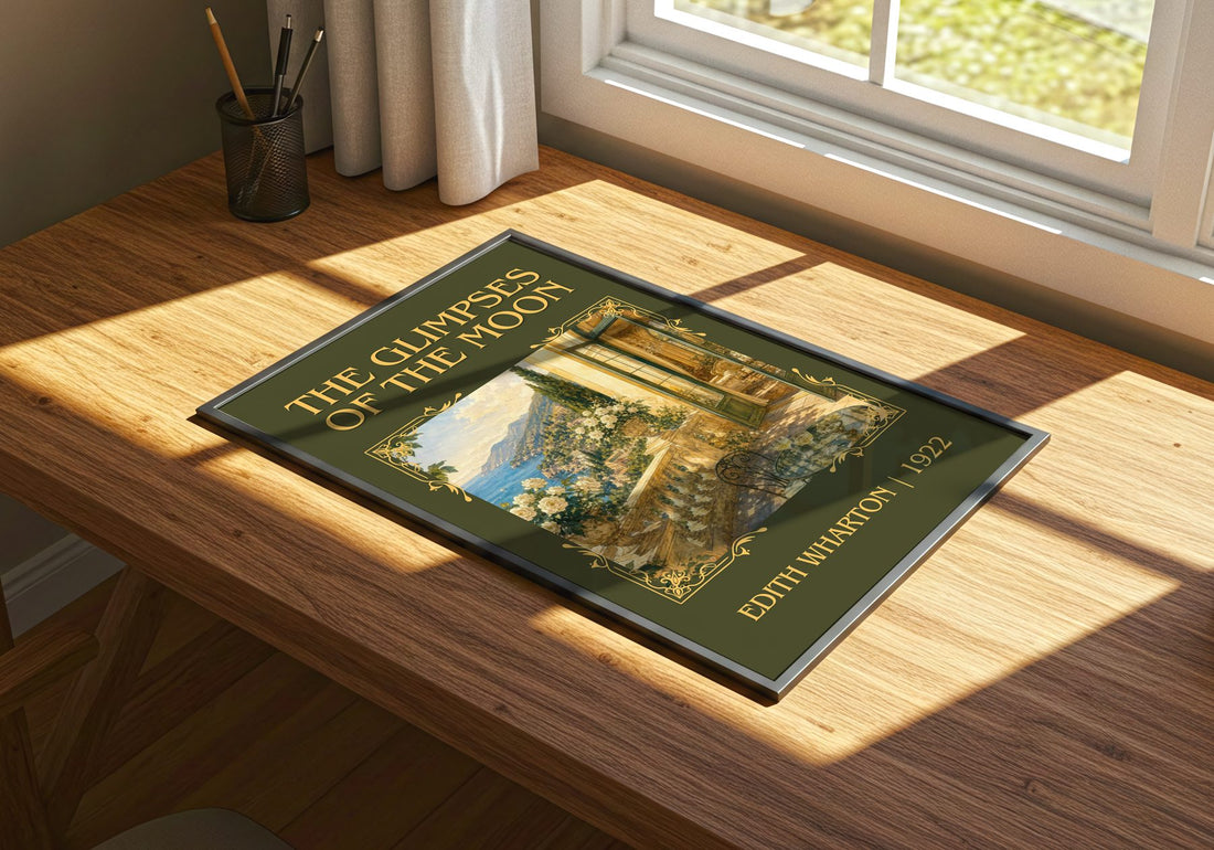 The Glimpses Of The Moon Classic Book Art Print by Edith Wharton – print on a sunlit desk