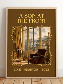 A Son At The Front Classic Book Art Print by Edith Wharton – framed print leaning on a wooden floor