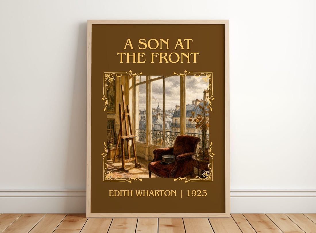 A Son At The Front Classic Book Art Print by Edith Wharton – framed print leaning on a wooden floor