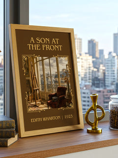 A Son At The Front Classic Book Art Print by Edith Wharton – framed print on a city-view windowsill
