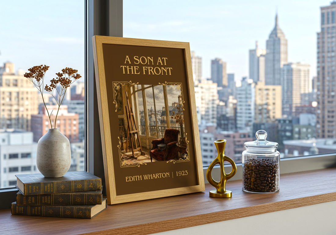 A Son At The Front Classic Book Art Print by Edith Wharton – framed print on a city-view windowsill