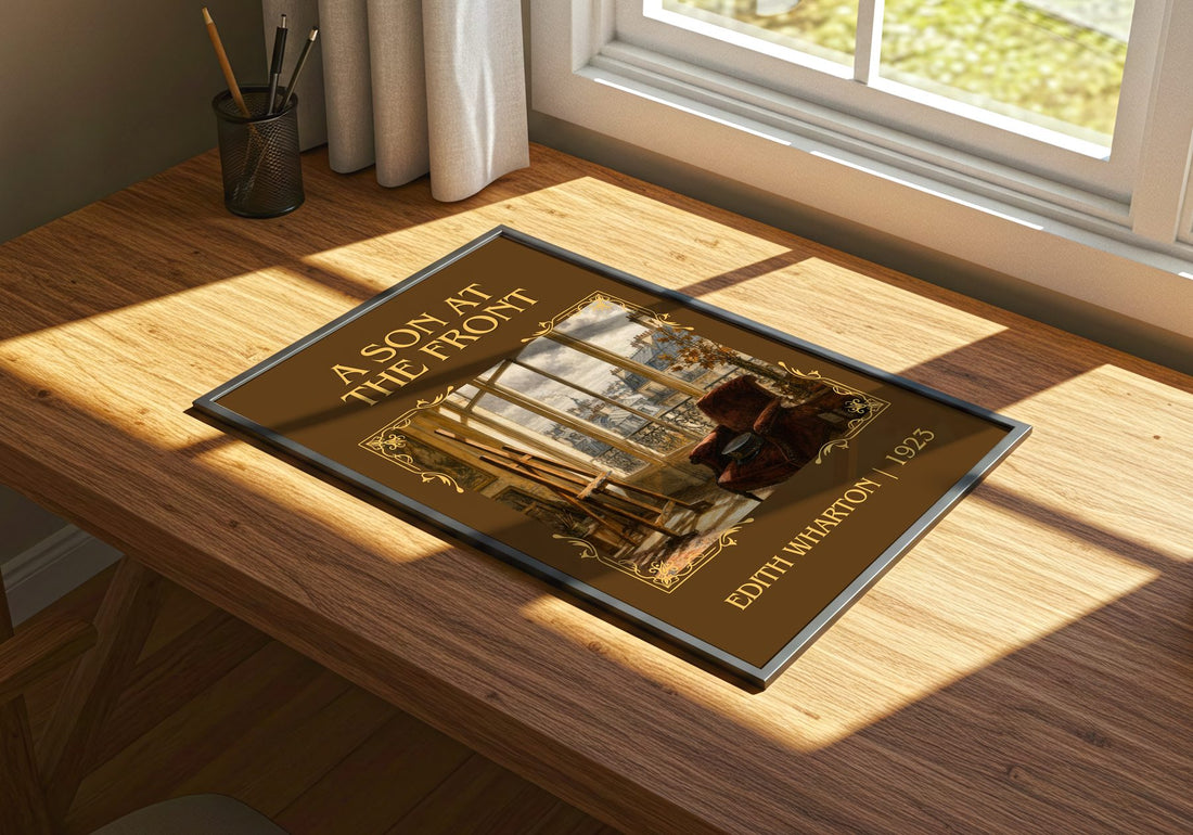 A Son At The Front Classic Book Art Print by Edith Wharton – print on a sunlit desk