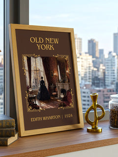 Old New York Classic Book Art Print by Edith Wharton – framed print on a city-view windowsill