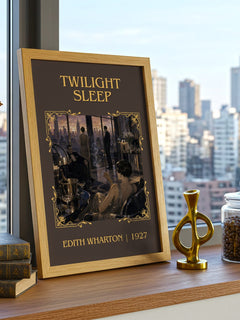 Twilight Sleep Classic Book Art Print by Edith Wharton – framed print on a city-view windowsill