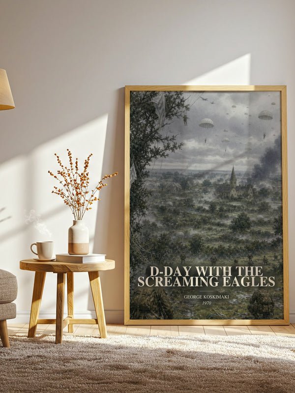 D-Day With The Screaming Eagles watercolour print in frame leaning in hallway – non fiction wall art