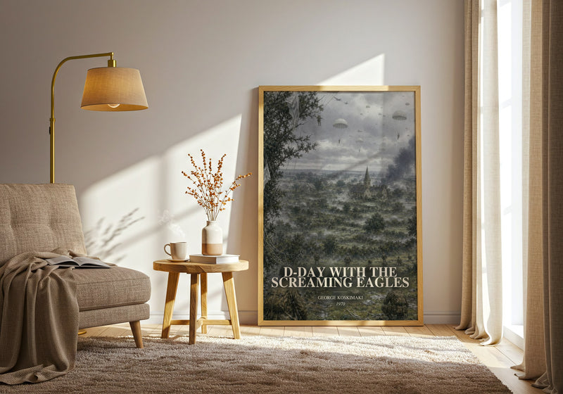 D-Day With The Screaming Eagles watercolour print in frame leaning in hallway – non fiction wall art