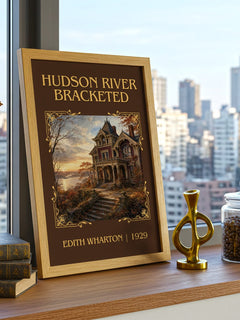 Hudson River Bracketed Classic Book Art Print by Edith Wharton – framed print on a city-view windowsill