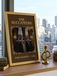 The Buccaneers Classic Book Art Print by Edith Wharton – framed print on a city-view windowsill