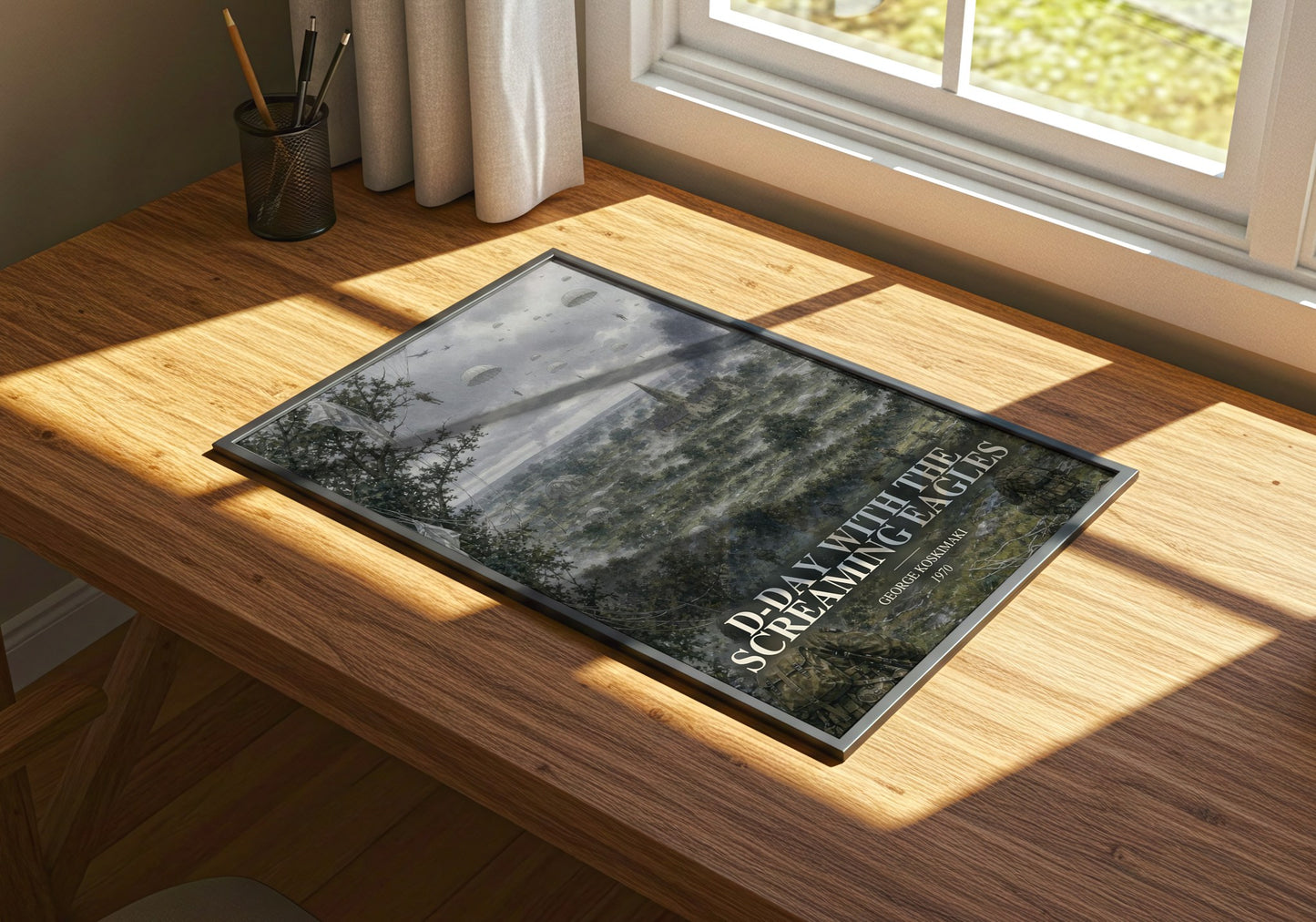 D-Day With The Screaming Eagles watercolour book poster framed on wall – non fiction wall art