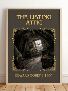 The Listing Attic Classic Book Art Print by Edward Gorey – framed print leaning on a wooden floor
