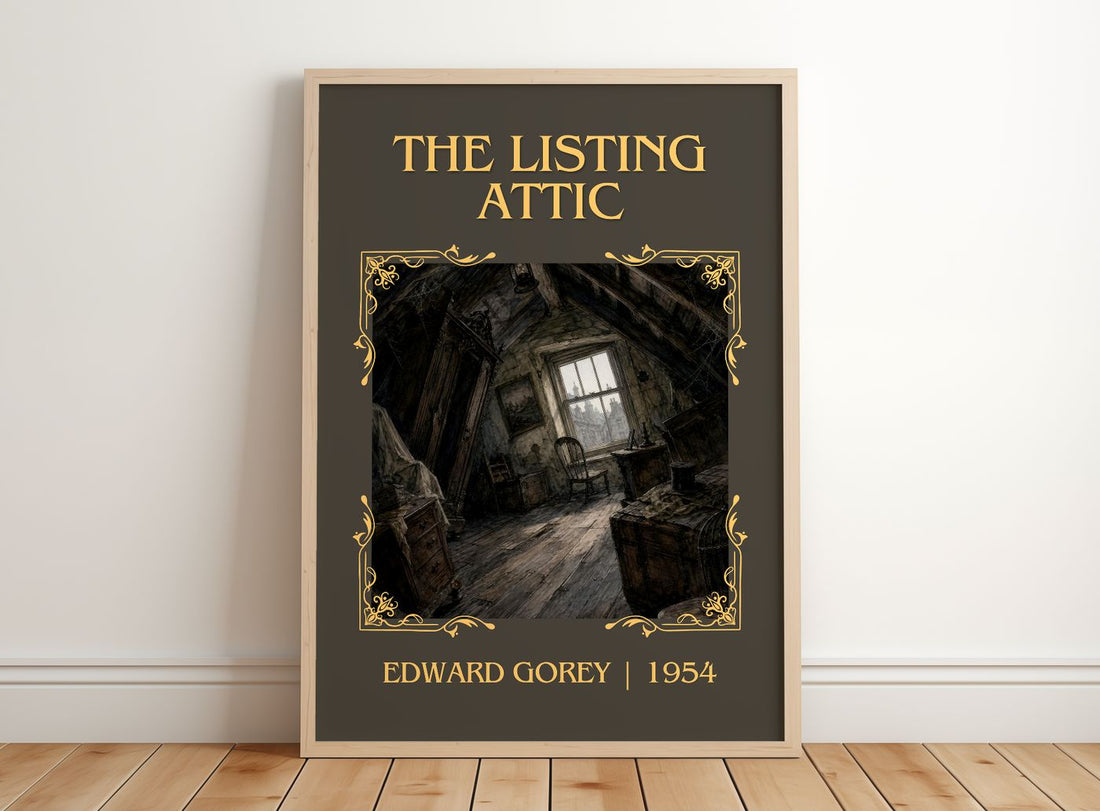 The Listing Attic Classic Book Art Print by Edward Gorey – framed print leaning on a wooden floor