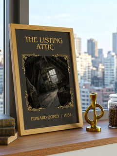 The Listing Attic Classic Book Art Print by Edward Gorey – framed print on a city-view windowsill