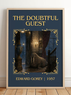 The Doubtful Guest Classic Book Art Print by Edward Gorey – framed print leaning on a wooden floor