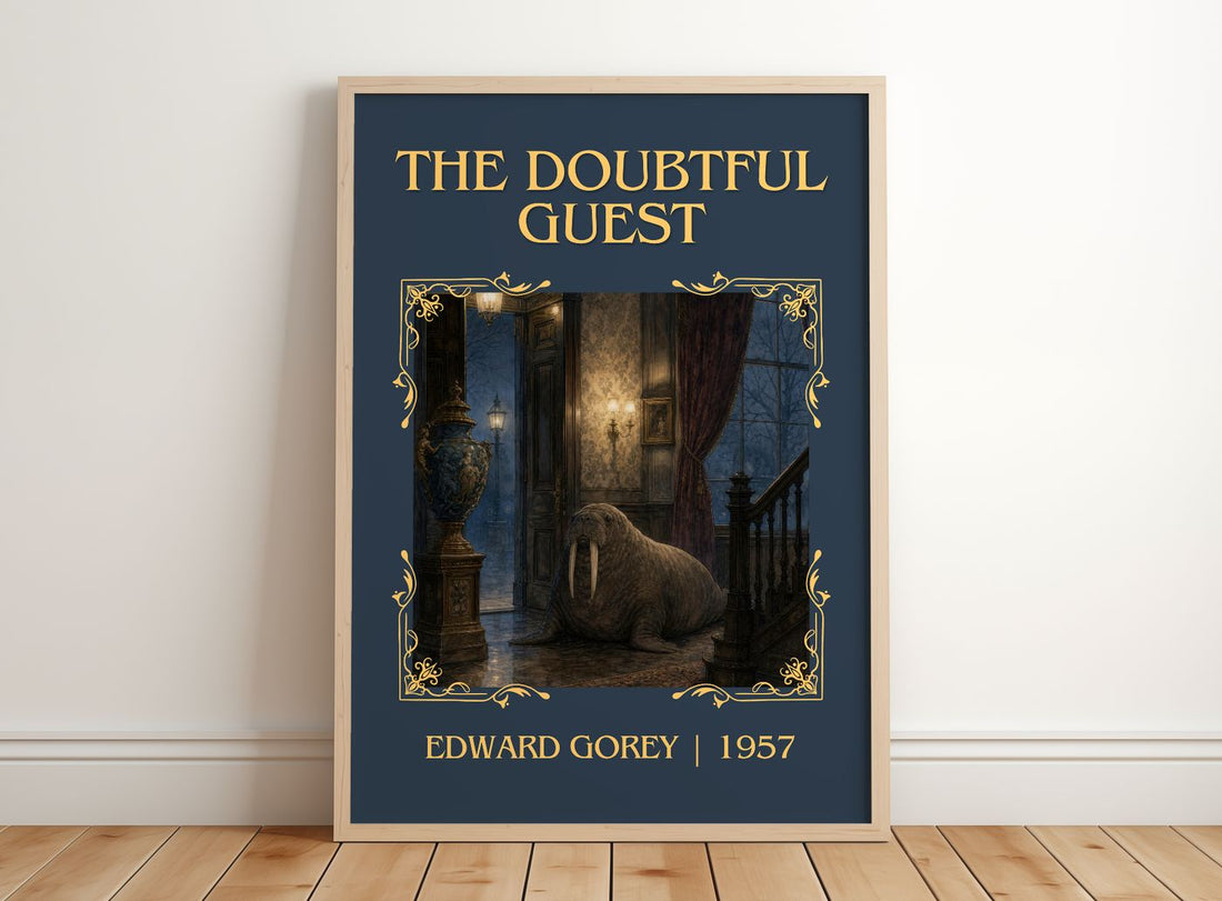 The Doubtful Guest Classic Book Art Print by Edward Gorey – framed print leaning on a wooden floor