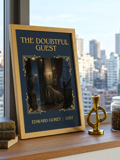 The Doubtful Guest Classic Book Art Print by Edward Gorey – framed print on a city-view windowsill