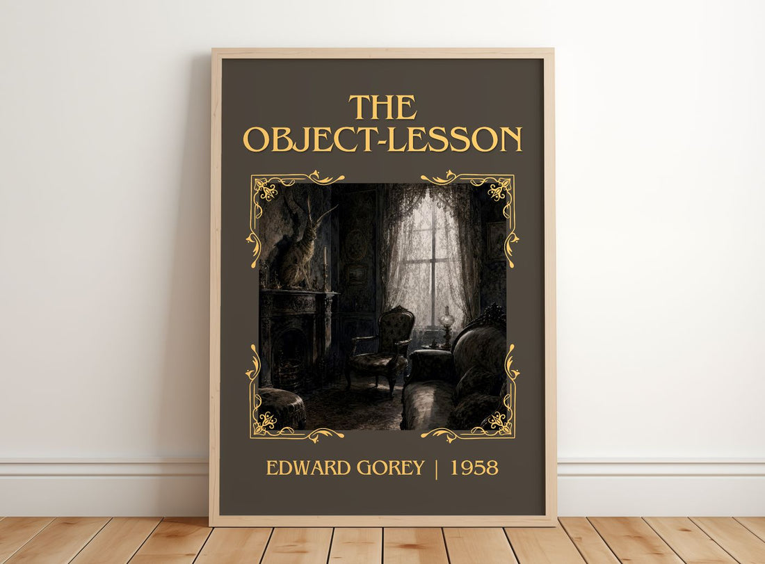 The Object-Lesson Classic Book Art Print by Edward Gorey – framed print leaning on a wooden floor
