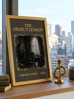 The Object-Lesson Classic Book Art Print by Edward Gorey – framed print on a city-view windowsill