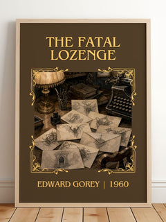 The Fatal Lozenge Classic Book Art Print by Edward Gorey – framed print leaning on a wooden floor