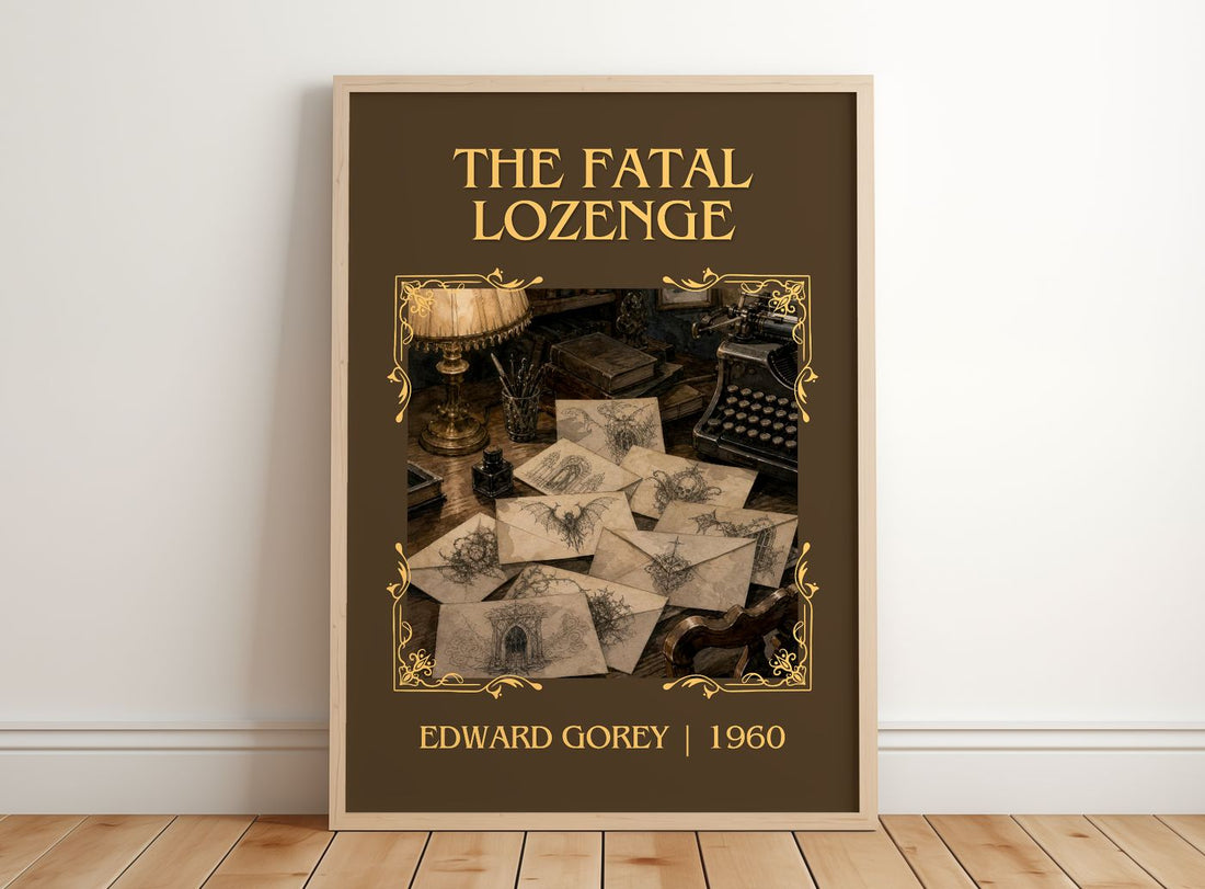 The Fatal Lozenge Classic Book Art Print by Edward Gorey – framed print leaning on a wooden floor