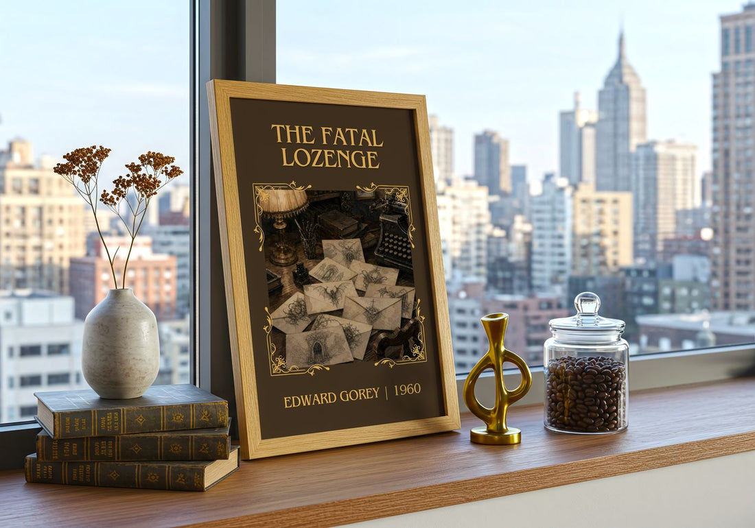 The Fatal Lozenge Classic Book Art Print by Edward Gorey – framed print on a city-view windowsill