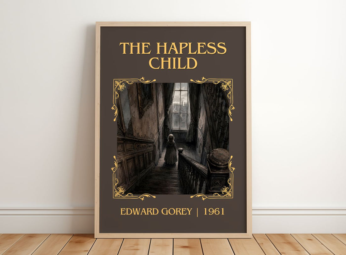 The Hapless Child Classic Book Art Print by Edward Gorey – framed print leaning on a wooden floor