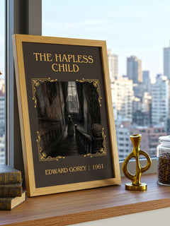The Hapless Child Classic Book Art Print by Edward Gorey – framed print on a city-view windowsill