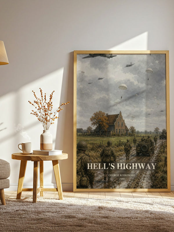 Hell'S Highway watercolour print in frame leaning in hallway – non fiction wall art