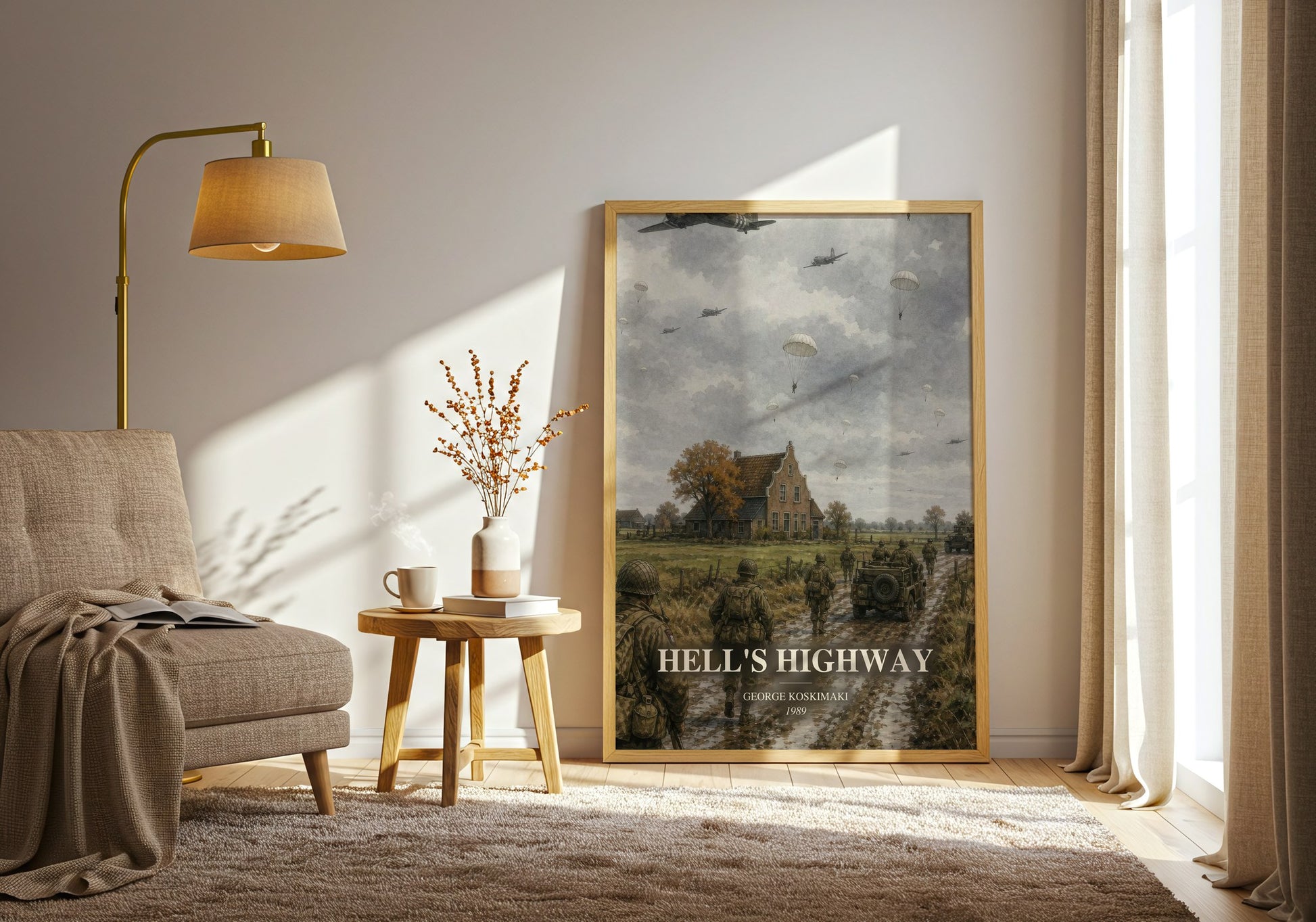 Hell'S Highway watercolour print in frame leaning in hallway – non fiction wall art