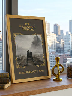 The Willowdale Handcar Classic Book Art Print by Edward Gorey – framed print on a city-view windowsill